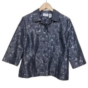 Alfred Dunner Metallic Cropped Blazer Blue Silver Women Size 8P Button Paisley